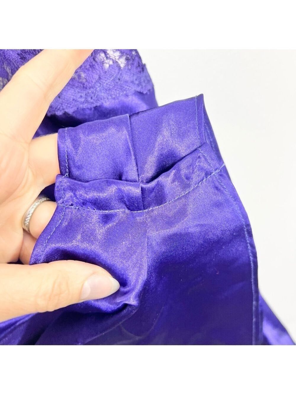 Vintage 80s 90s purple satin sheer lace bodice romper teddy negligee lingerie L - Picture 12 of 15